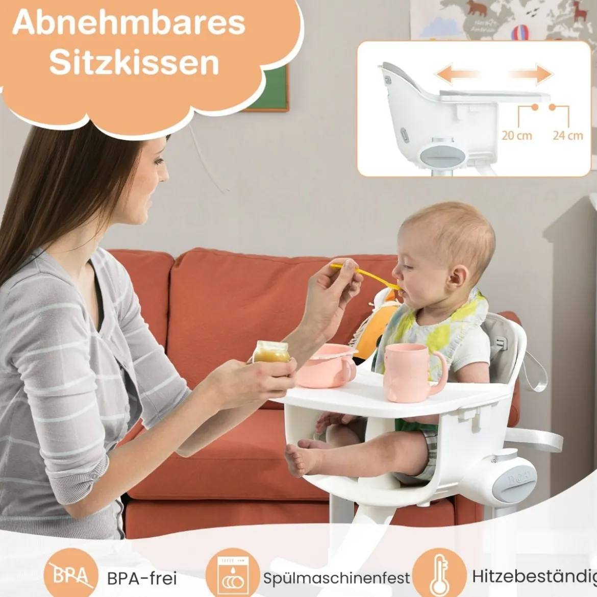 4 in 1 Babystuhl Babyhochstuhl Umwandelbar mit 5-Fach Verstellbarer Höhe Grau