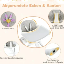 4 in 1 Babystuhl Babyhochstuhl Umwandelbar mit 5-Fach Verstellbarer Höhe Grau