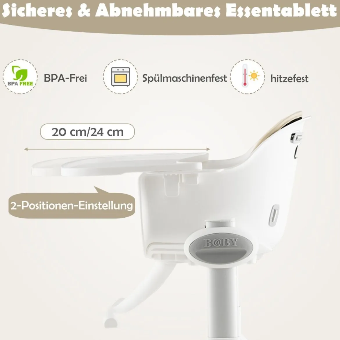 4 in 1 Babystuhl Babyhochstuhl Umwandelbar mit 5-Fach Verstellbarer Höhe Beige