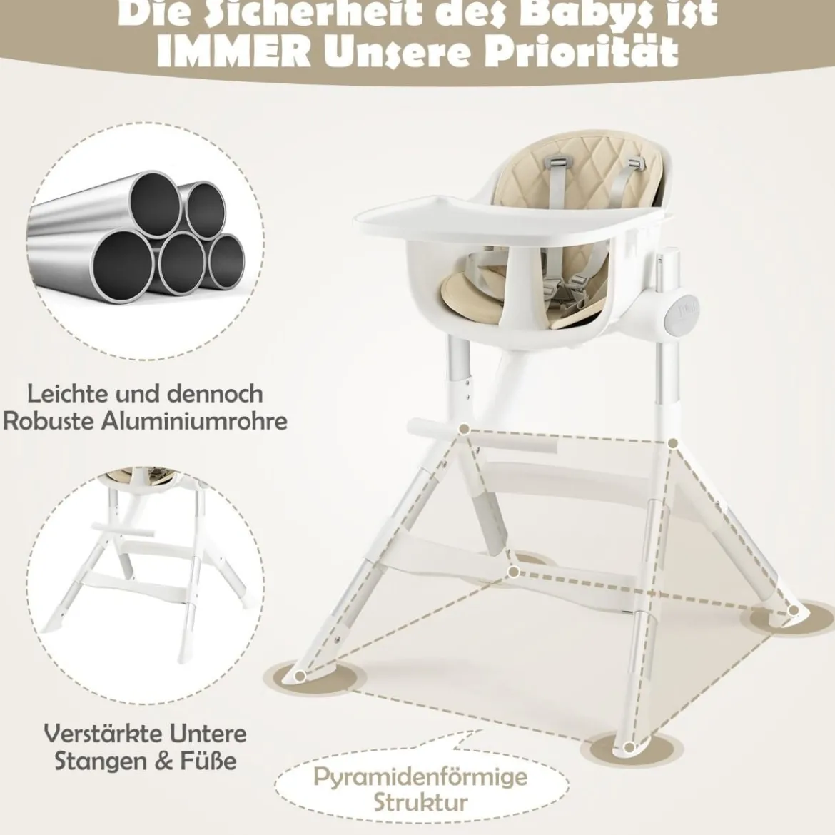 4 in 1 Babystuhl Babyhochstuhl Umwandelbar mit 5-Fach Verstellbarer Höhe Beige
