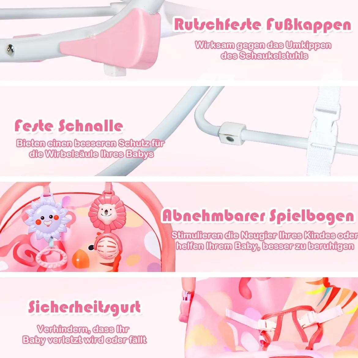 3 in 1 Babywippe & Babyschaukel & Babyliegestuhl Baby Schaukelwippe mit Vibrationsmodi Rosa