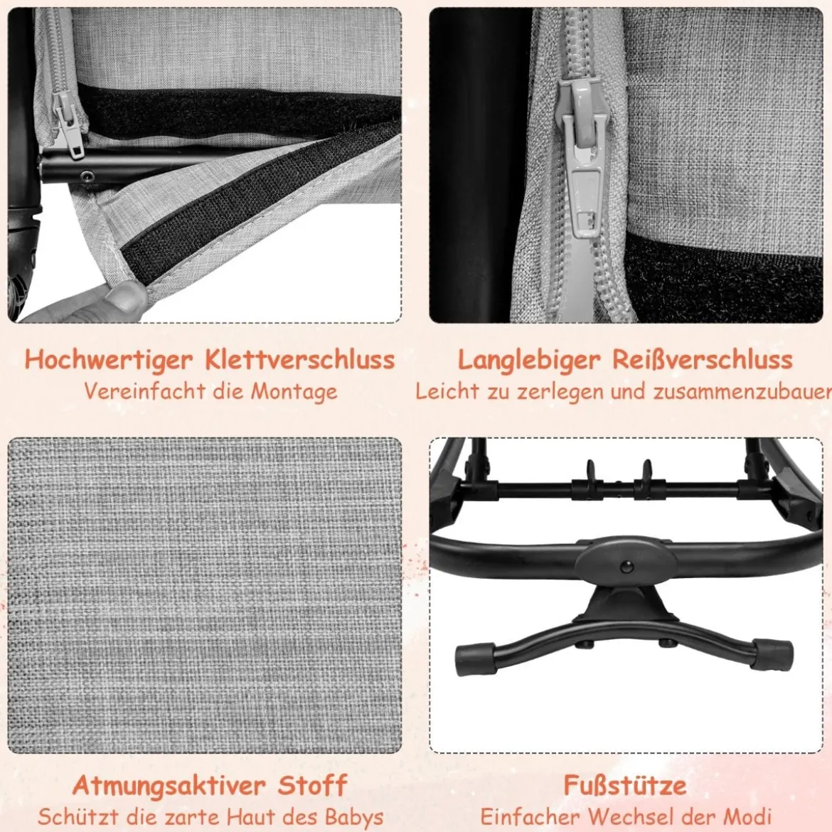 2 in 1 Babywippe und Babyschaukel klappbar Babyliegestuhl mit 2 verstellbaren Liegepositionen bis 15 kg Hellgrau