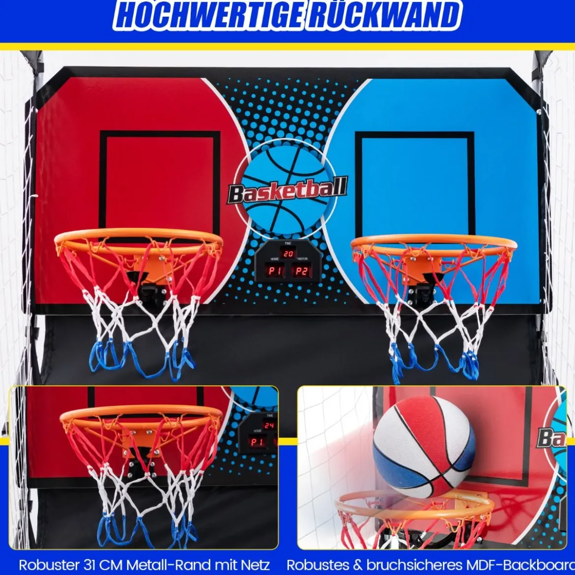 8 in 1 Basketballautomat mit 4 Bällen & Luftpumpe & 8 Spielmodi Arcade Basketballspiele Rot