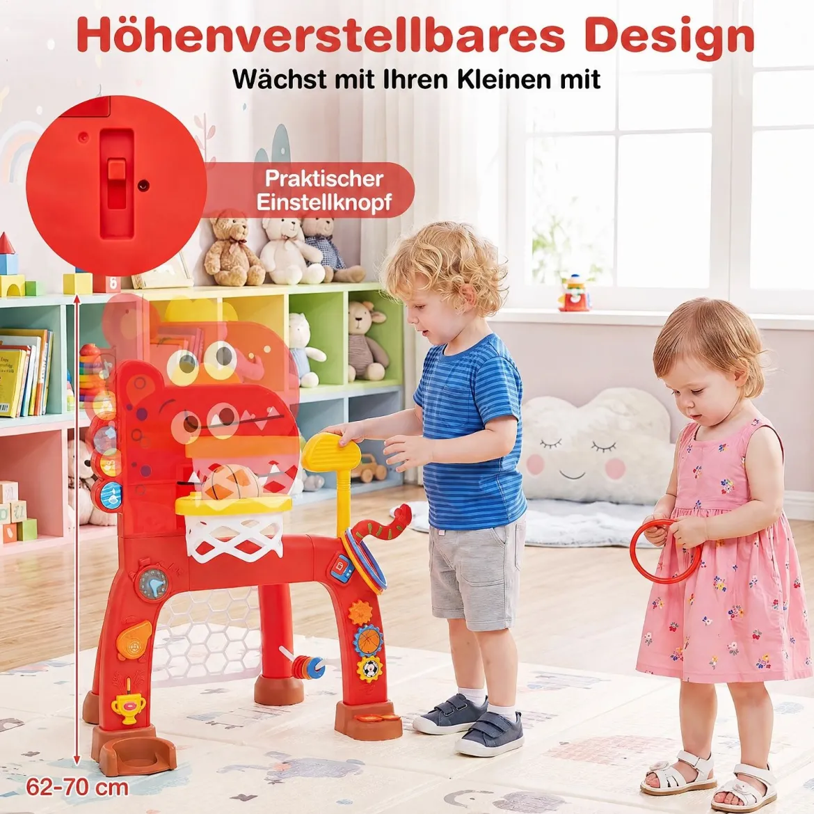 4 in 1 Basketballkorb mit Musik & Licht für Kinder ab 12 Monaten 62 - 70 cm Höhenverstellbar Rot