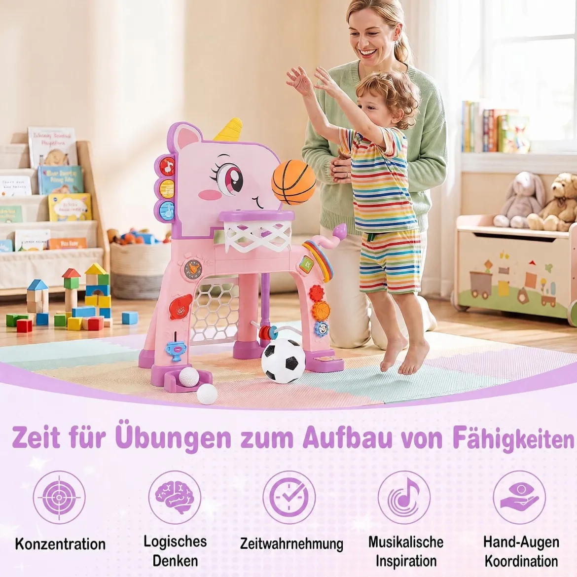 4 in 1 Basketballkorb mit Musik & Licht für Kinder ab 12 Monaten 62 - 70 cm Höhenverstellbar Rosa