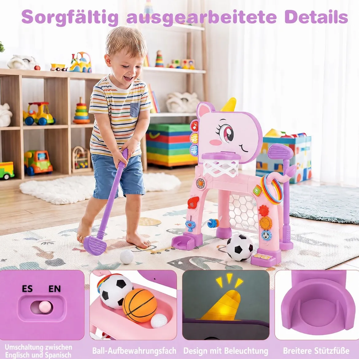 4 in 1 Basketballkorb mit Musik & Licht für Kinder ab 12 Monaten 62 - 70 cm Höhenverstellbar Rosa