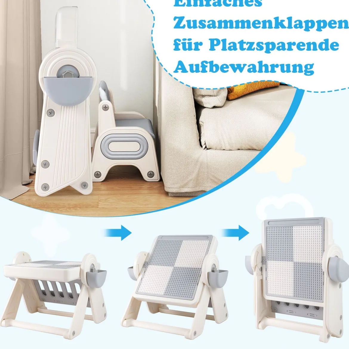 6 in 1 Bauklotztisch & Staffelei Set mit Wendbarer Tischplatte Kunststaffelei Spieltisch Grau