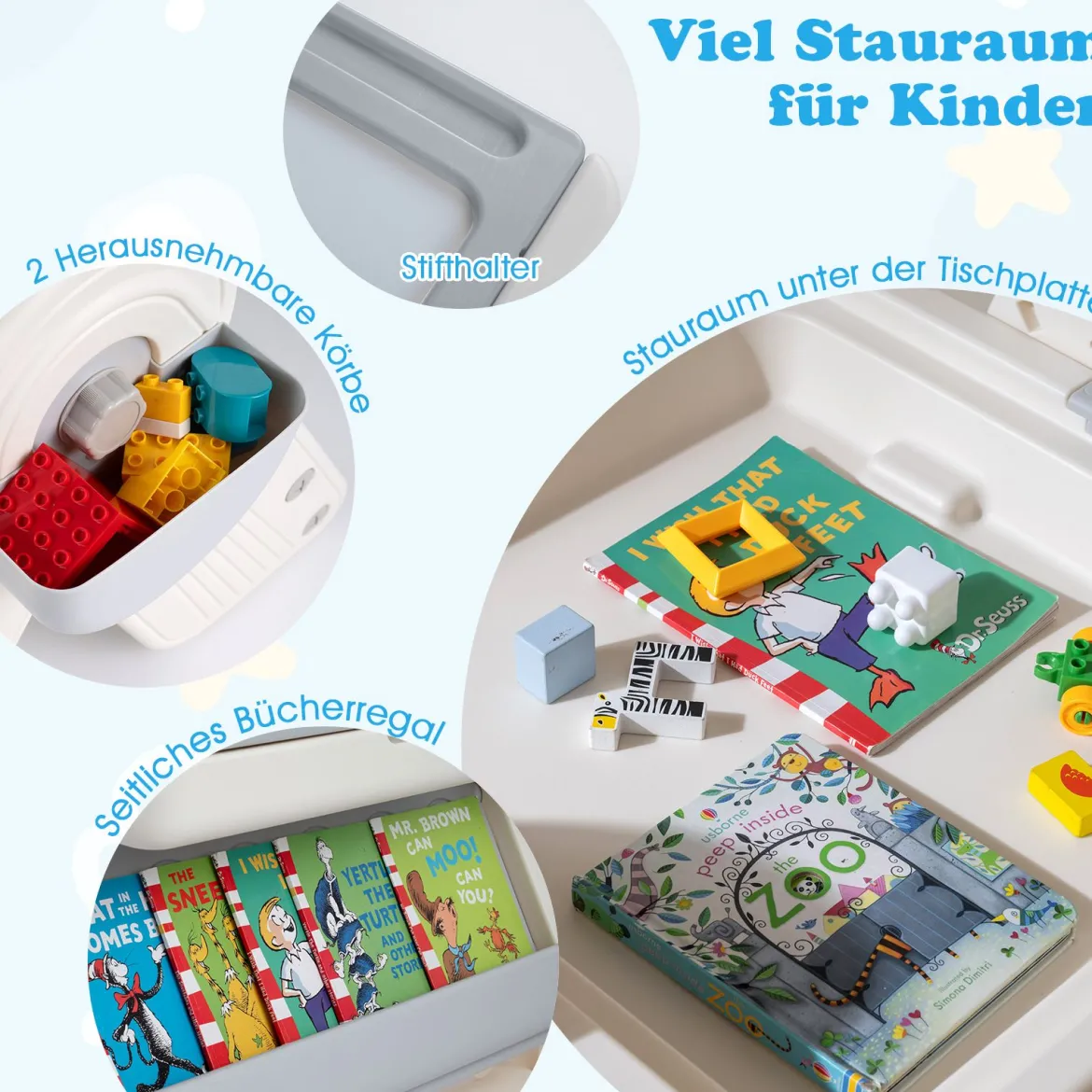 6 in 1 Bauklotztisch & Staffelei Set mit Wendbarer Tischplatte Kunststaffelei Spieltisch Grau