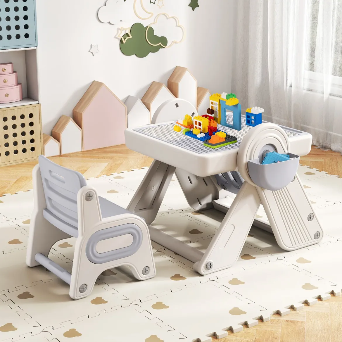 6 in 1 Bauklotztisch & Staffelei Set mit Wendbarer Tischplatte Kunststaffelei Spieltisch Grau