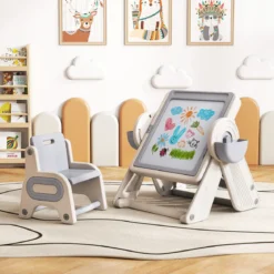 6 in 1 Bauklotztisch & Staffelei Set mit Wendbarer Tischplatte Kunststaffelei Spieltisch Grau