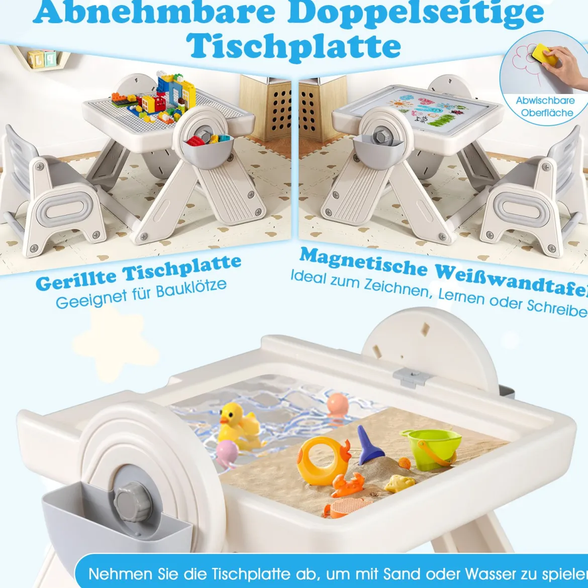 6 in 1 Bauklotztisch & Staffelei Set mit Wendbarer Tischplatte Kunststaffelei Spieltisch Grau