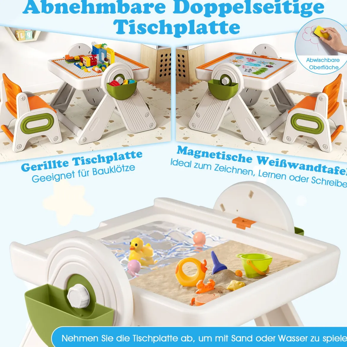 6 in 1 Bauklotztisch & Staffelei Set mit Wendbarer Tischplatte Kunststaffelei Spieltisch Orange