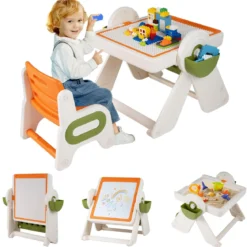 6 in 1 Bauklotztisch & Staffelei Set mit Wendbarer Tischplatte Kunststaffelei Spieltisch Orange
