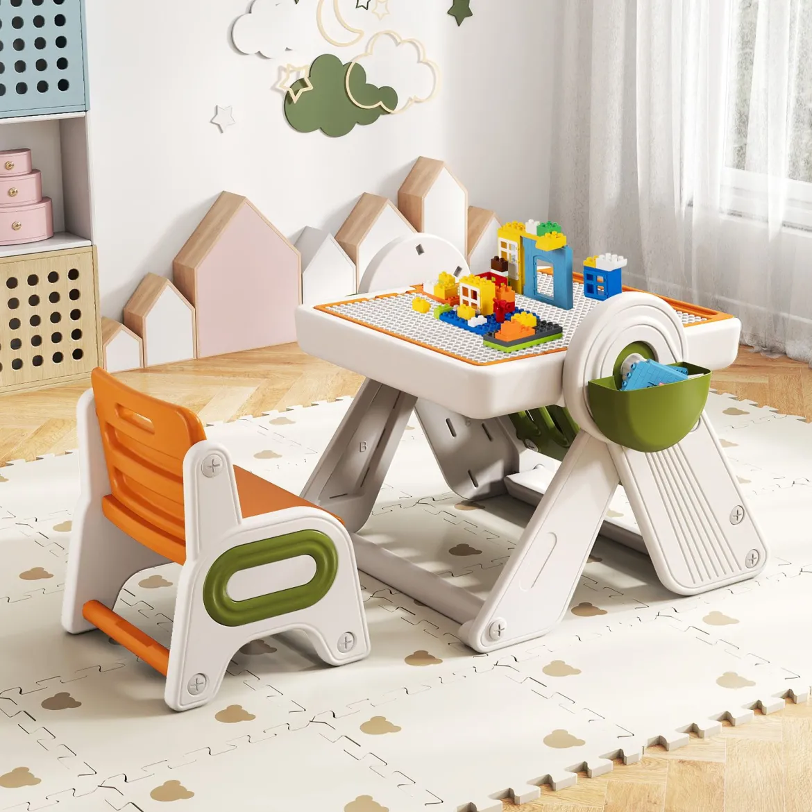 6 in 1 Bauklotztisch & Staffelei Set mit Wendbarer Tischplatte Kunststaffelei Spieltisch Orange