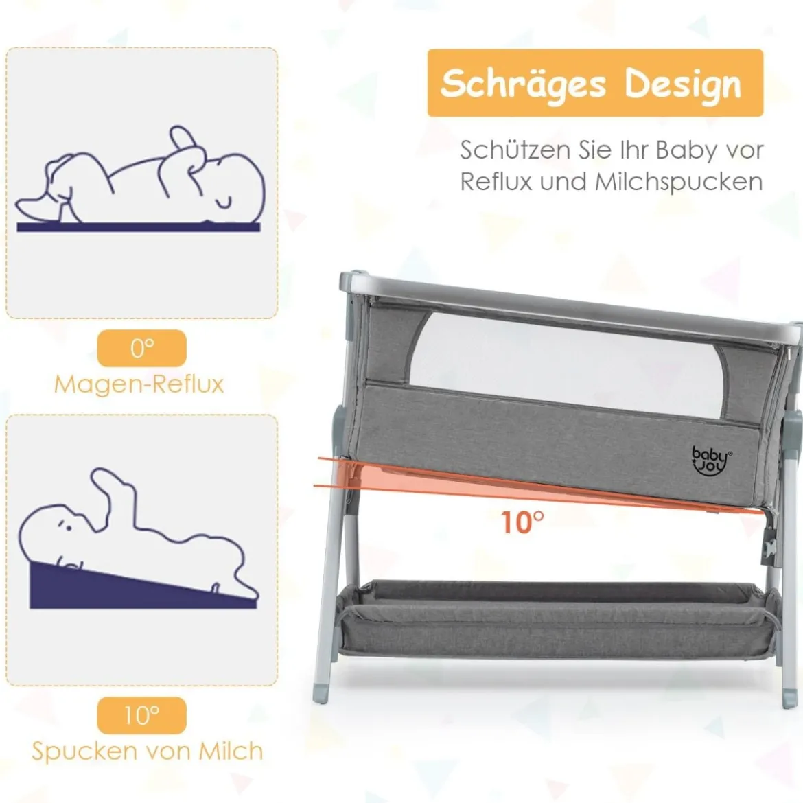 3 in 1 Beistellbett & Babywiege Babybett mit 7-fach verstellbarer Höhe Hellgrau