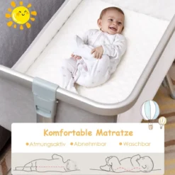 3 in 1 Beistellbett & Babywiege Babybett mit 7-fach verstellbarer Höhe Hellgrau