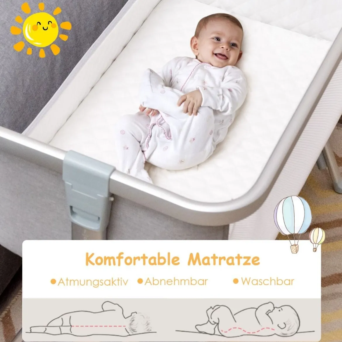 3 in 1 Beistellbett & Babywiege Babybett mit 7-fach verstellbarer Höhe Hellgrau
