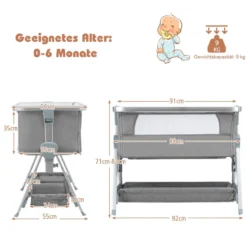 3 in 1 Beistellbett & Babywiege Babybett mit 7-fach verstellbarer Höhe Hellgrau