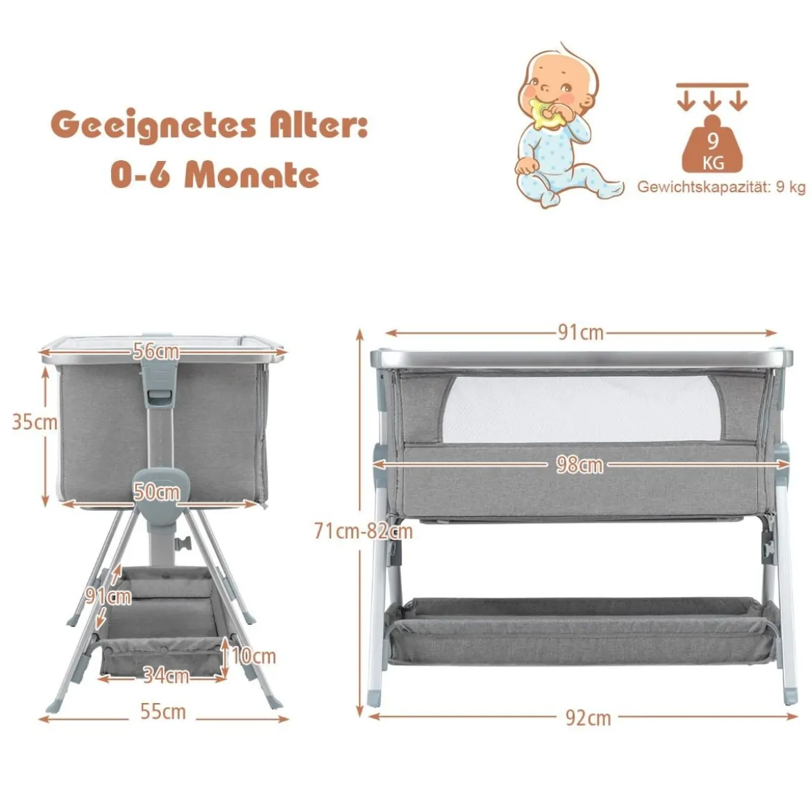 3 in 1 Beistellbett & Babywiege Babybett mit 7-fach verstellbarer Höhe Hellgrau