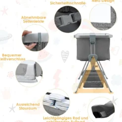 3 in 1 Beistellbett & Babywiege Babybett mit 7-fach verstellbarer Höhe Hellgrau