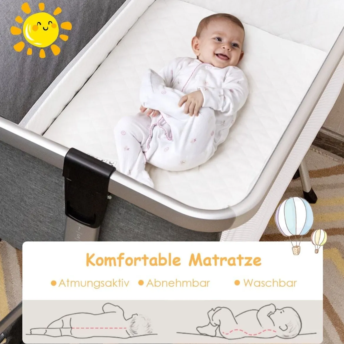 3 in 1 Beistellbett & Babywiege Babybett mit 7-fach verstellbarer Höhe Dunkelgrau