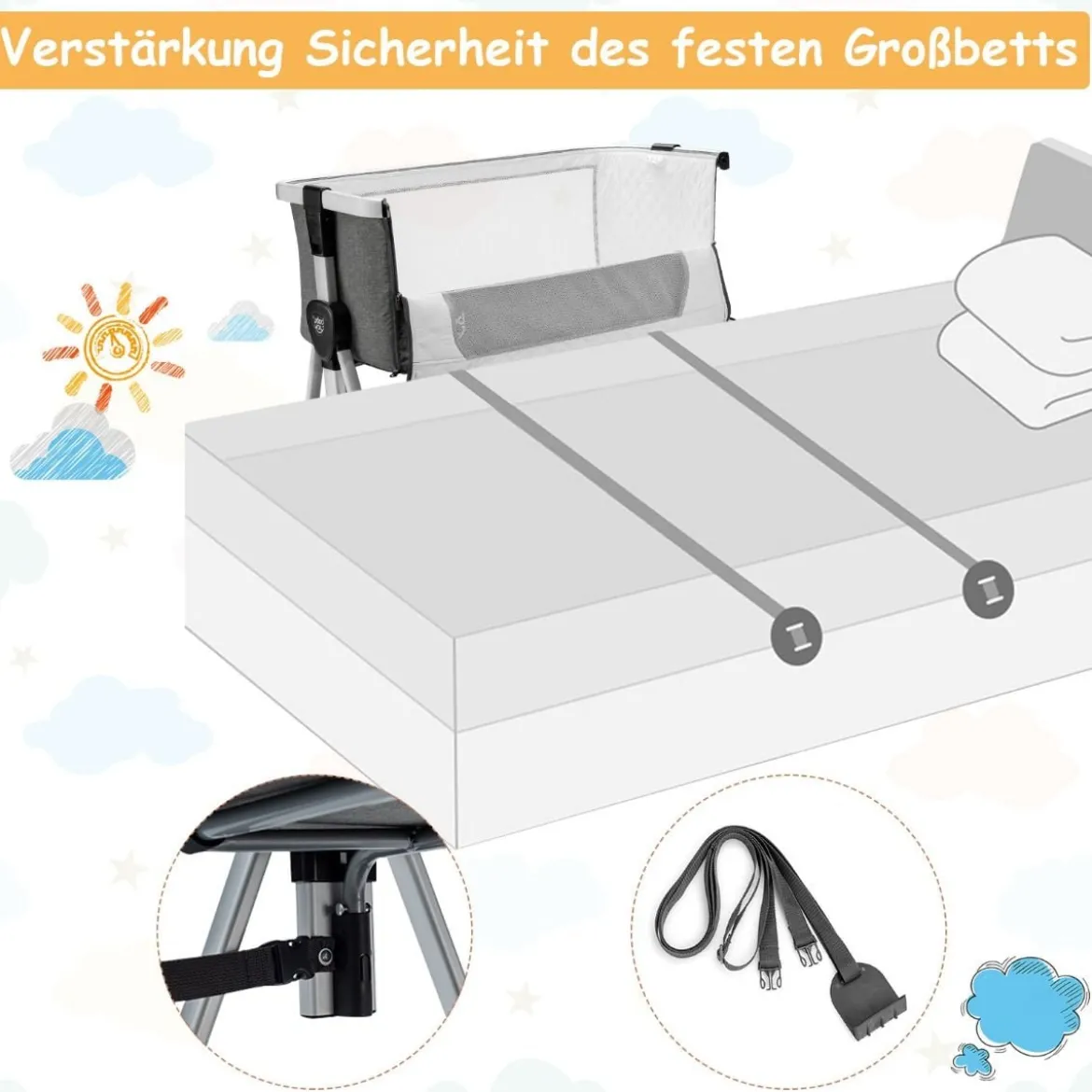 3 in 1 Beistellbett & Babywiege Babybett mit 7-fach verstellbarer Höhe Dunkelgrau