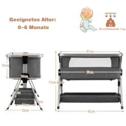 3 in 1 Beistellbett & Babywiege Babybett mit 7-fach verstellbarer Höhe Dunkelgrau