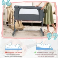 3 in 1 Beistellbett & Babywiege & Reisebett 5-stufig Höhenverstellbares Babybett Rosa/Beige/Grau/Hellgrau