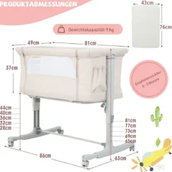 3 in 1 Beistellbett & Babywiege & Reisebett 5-stufig Höhenverstellbares Babybett Rosa/Beige/Grau/Hellgrau