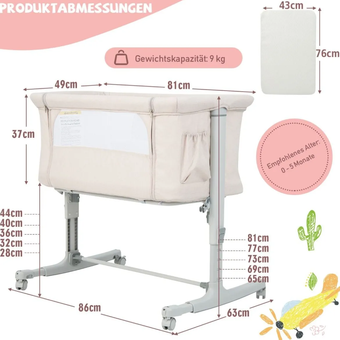 3 in 1 Beistellbett & Babywiege & Reisebett 5-stufig Höhenverstellbares Babybett Rosa/Beige/Grau/Hellgrau