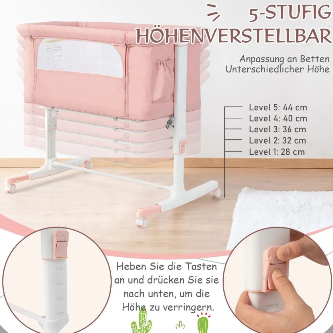 3 in 1 Beistellbett & Babywiege & Reisebett 5-stufig Höhenverstellbares Babybett Rosa/Beige/Grau/Hellgrau