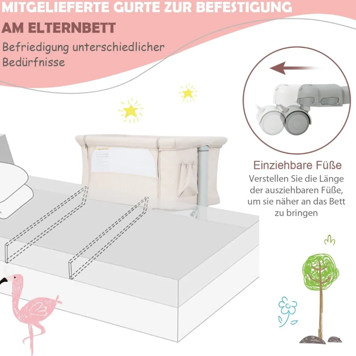 3 in 1 Beistellbett & Babywiege & Reisebett 5-stufig Höhenverstellbares Babybett Rosa/Beige/Grau/Hellgrau