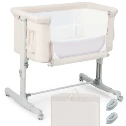 3 in 1 Beistellbett & Babywiege & Reisebett 5-stufig Höhenverstellbares Babybett Rosa/Beige/Grau/Hellgrau