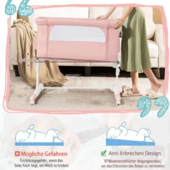 3 in 1 Beistellbett & Babywiege & Reisebett 5-stufig Höhenverstellbares Babybett Rosa/Beige/Grau/Hellgrau
