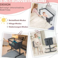 3 in 1 Beistellbett & Babywiege & Reisebett 5-stufig Höhenverstellbares Babybett Rosa/Beige/Grau/Hellgrau