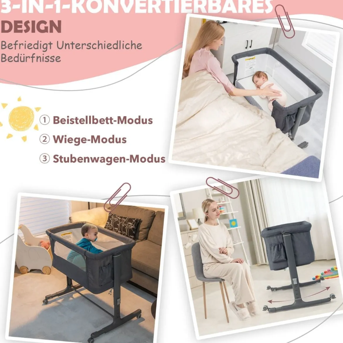 3 in 1 Beistellbett & Babywiege & Reisebett 5-stufig Höhenverstellbares Babybett Rosa/Beige/Grau/Hellgrau