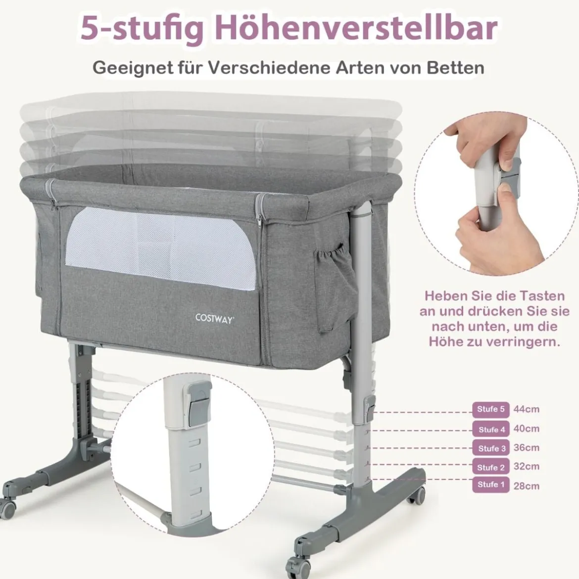 3 in 1 Beistellbett & Babywiege & Reisebett 5-stufig Höhenverstellbares Babybett Rosa/Beige/Grau/Hellgrau