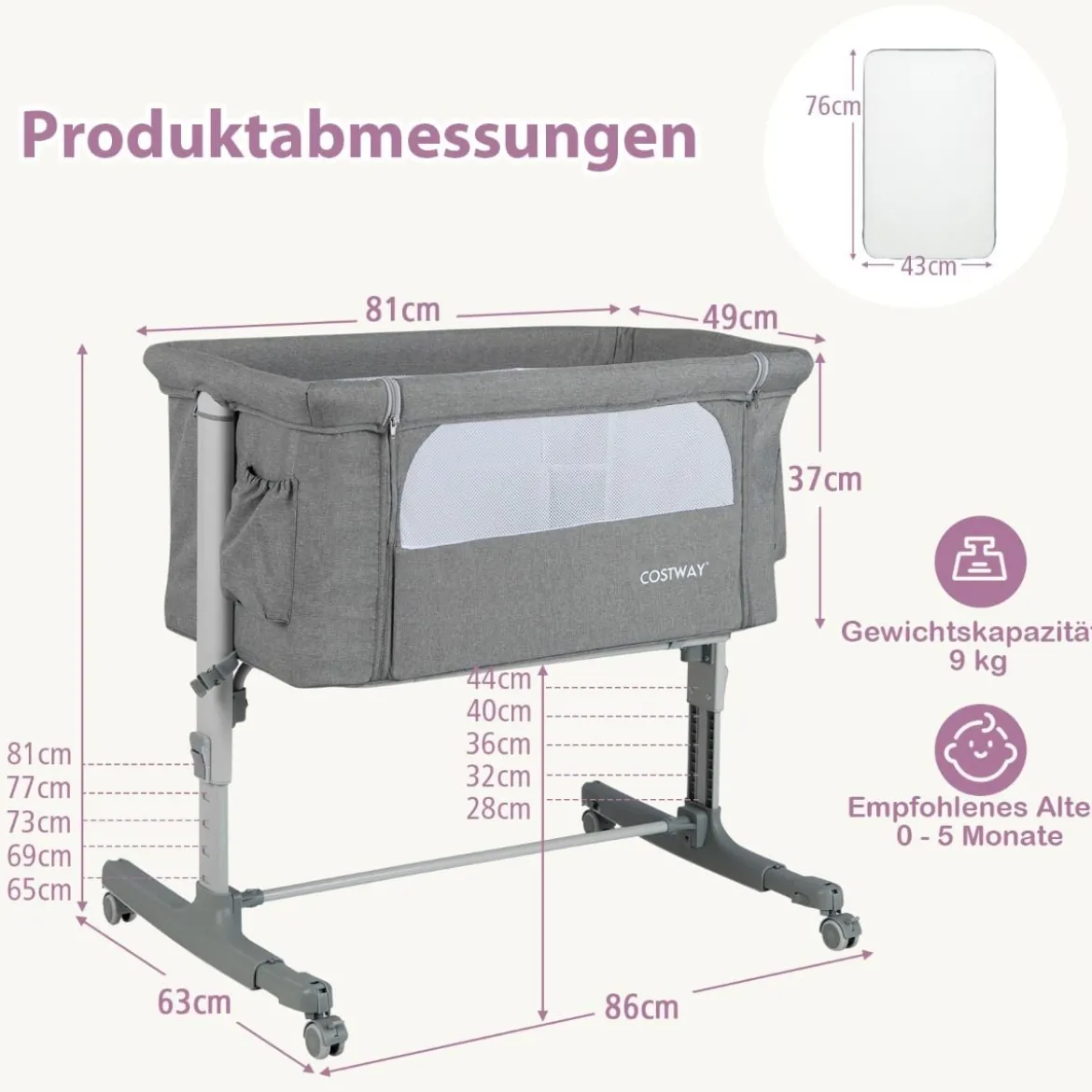 3 in 1 Beistellbett & Babywiege & Reisebett 5-stufig Höhenverstellbares Babybett Rosa/Beige/Grau/Hellgrau