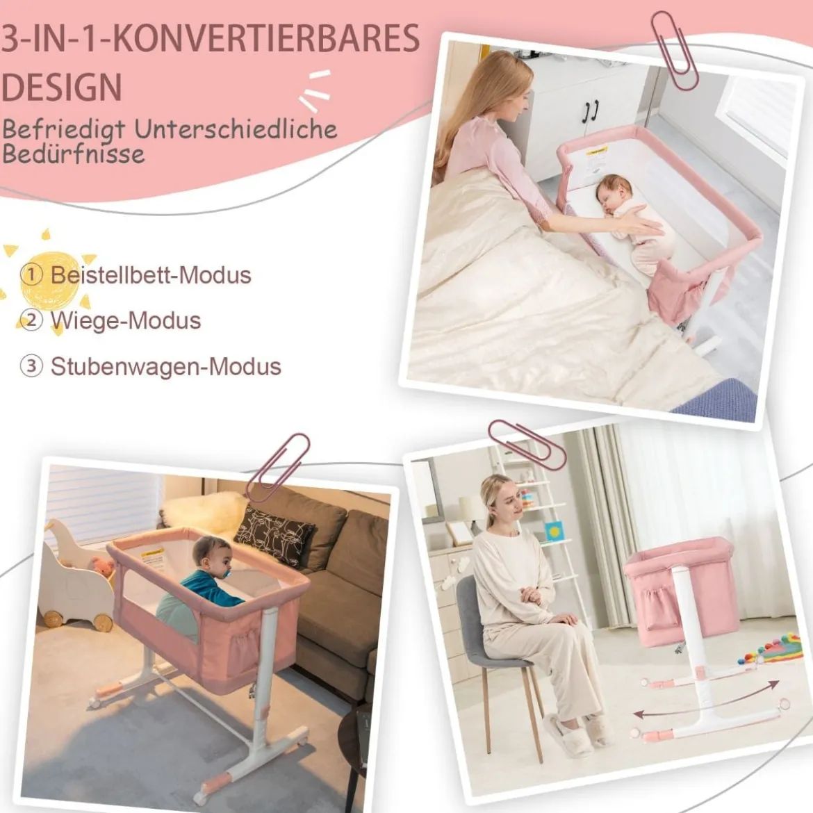 3 in 1 Beistellbett & Babywiege & Reisebett 5-stufig Höhenverstellbares Babybett Rosa/Beige/Grau/Hellgrau