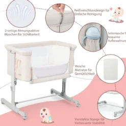 3 in 1 Beistellbett & Babywiege & Reisebett 5-stufig Höhenverstellbares Babybett Rosa/Beige/Grau/Hellgrau