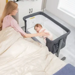 3 in 1 Beistellbett & Babywiege & Reisebett 5-stufig Höhenverstellbares Babybett Rosa/Beige/Grau/Hellgrau