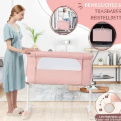 3 in 1 Beistellbett & Babywiege & Reisebett 5-stufig Höhenverstellbares Babybett Rosa/Beige/Grau/Hellgrau