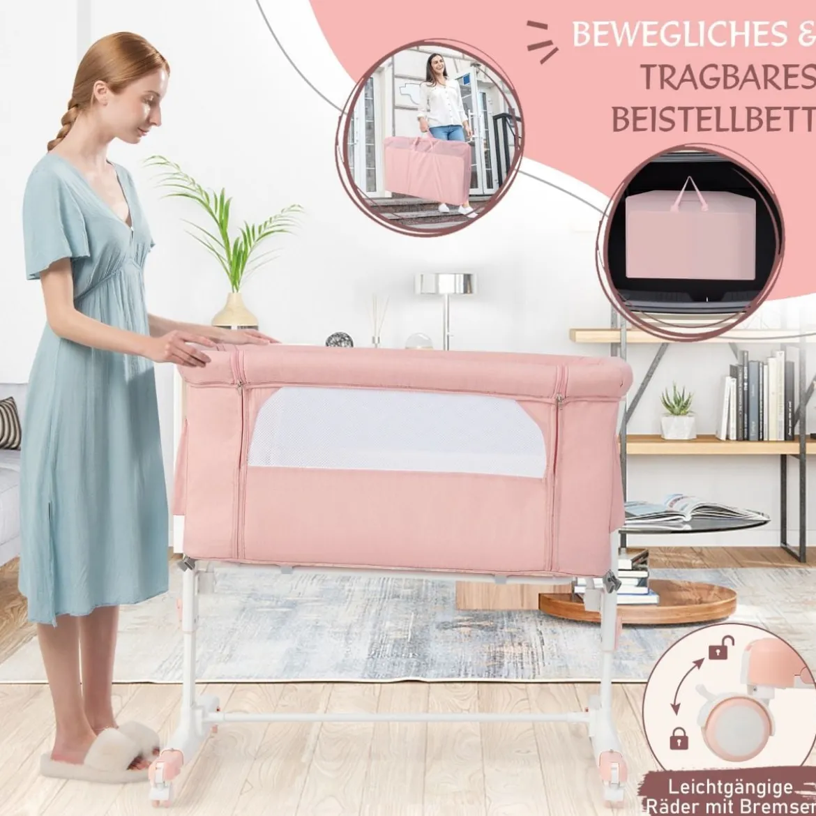 3 in 1 Beistellbett & Babywiege & Reisebett 5-stufig Höhenverstellbares Babybett Rosa/Beige/Grau/Hellgrau