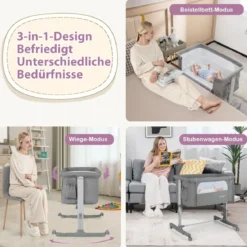 3 in 1 Beistellbett & Babywiege & Reisebett 5-stufig Höhenverstellbares Babybett Rosa/Beige/Grau/Hellgrau
