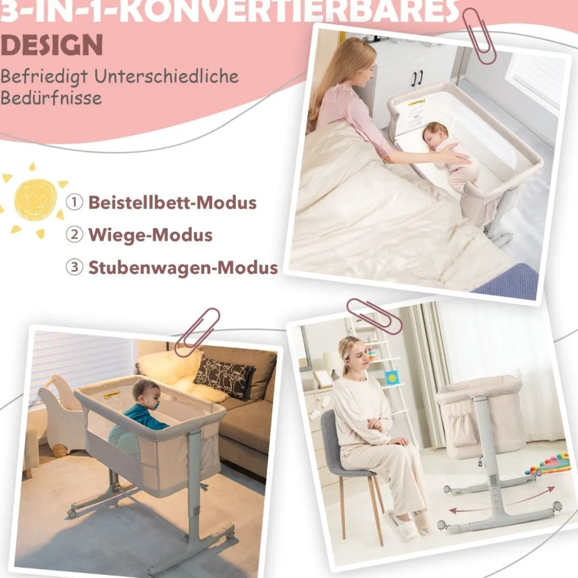 3 in 1 Beistellbett & Babywiege & Reisebett 5-stufig Höhenverstellbares Babybett Rosa/Beige/Grau/Hellgrau