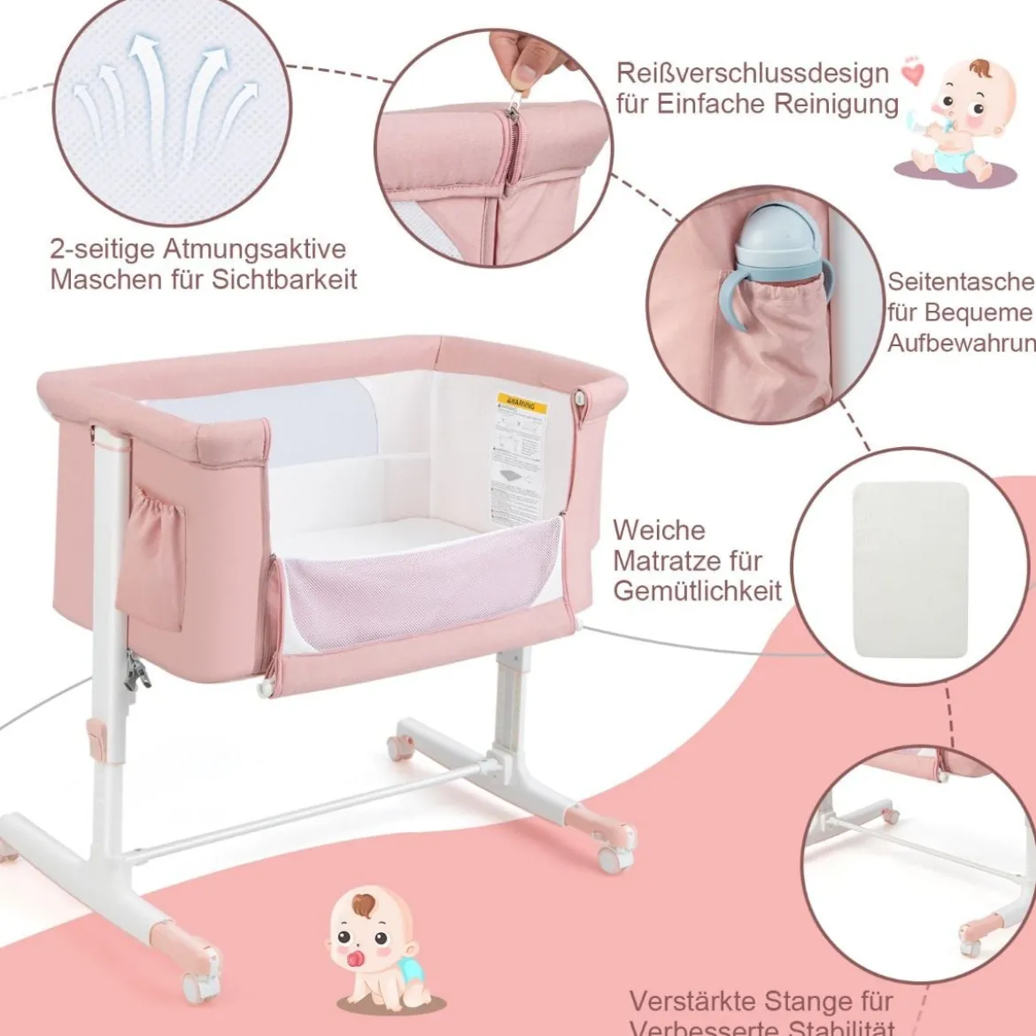 3 in 1 Beistellbett & Babywiege & Reisebett 5-stufig Höhenverstellbares Babybett Rosa/Beige/Grau/Hellgrau