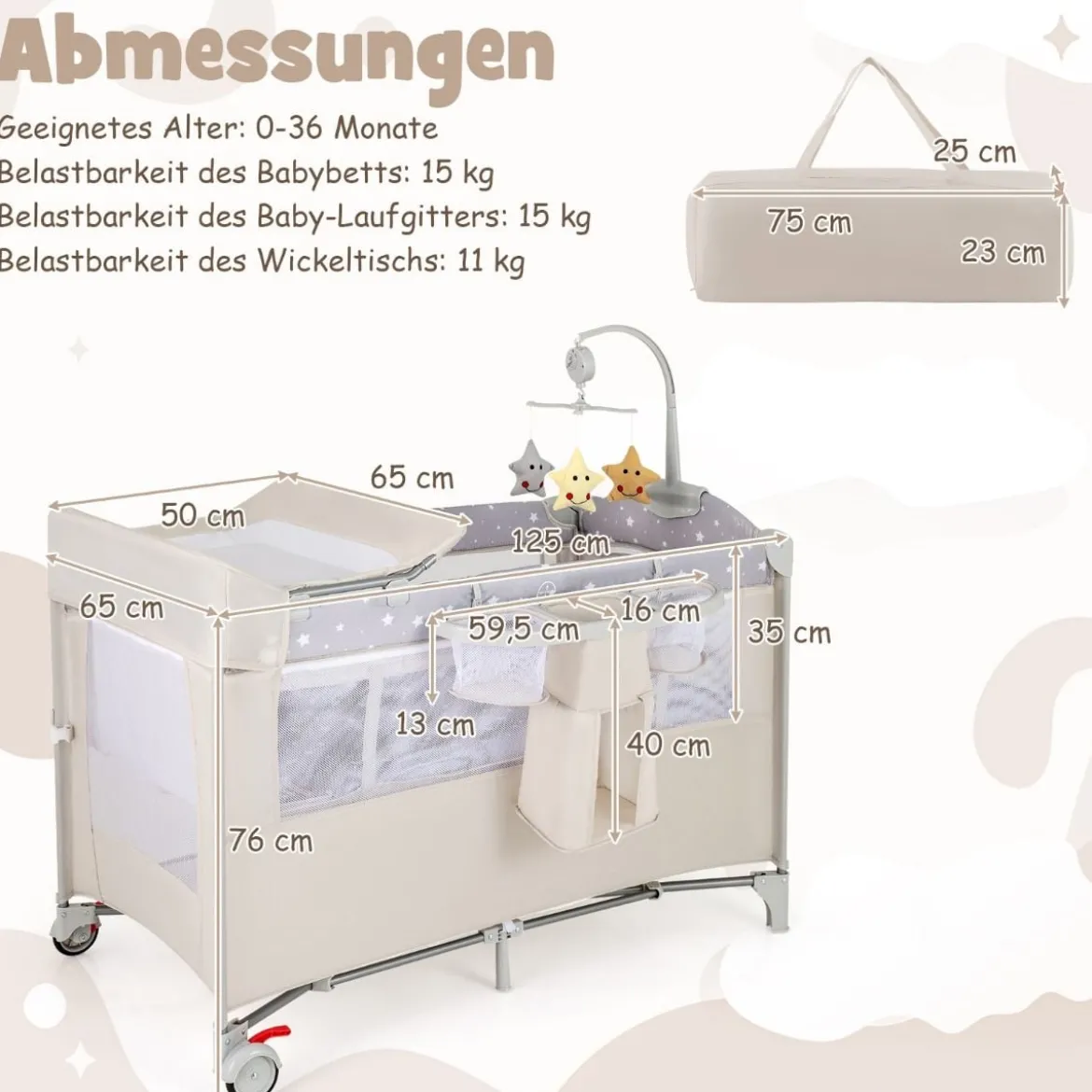 5 in 1 Beistellbett klappbar Reisebett mit Matratze 2 Ebene Babybett mit Rollen Beige/Grau/Braun