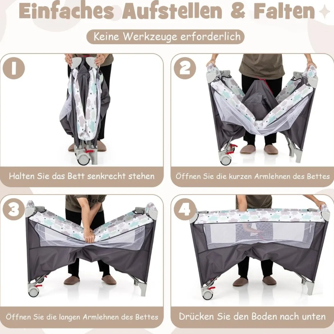 5 in 1 Beistellbett klappbar Reisebett mit Matratze 2 Ebene Babybett mit Rollen Beige/Grau/Braun