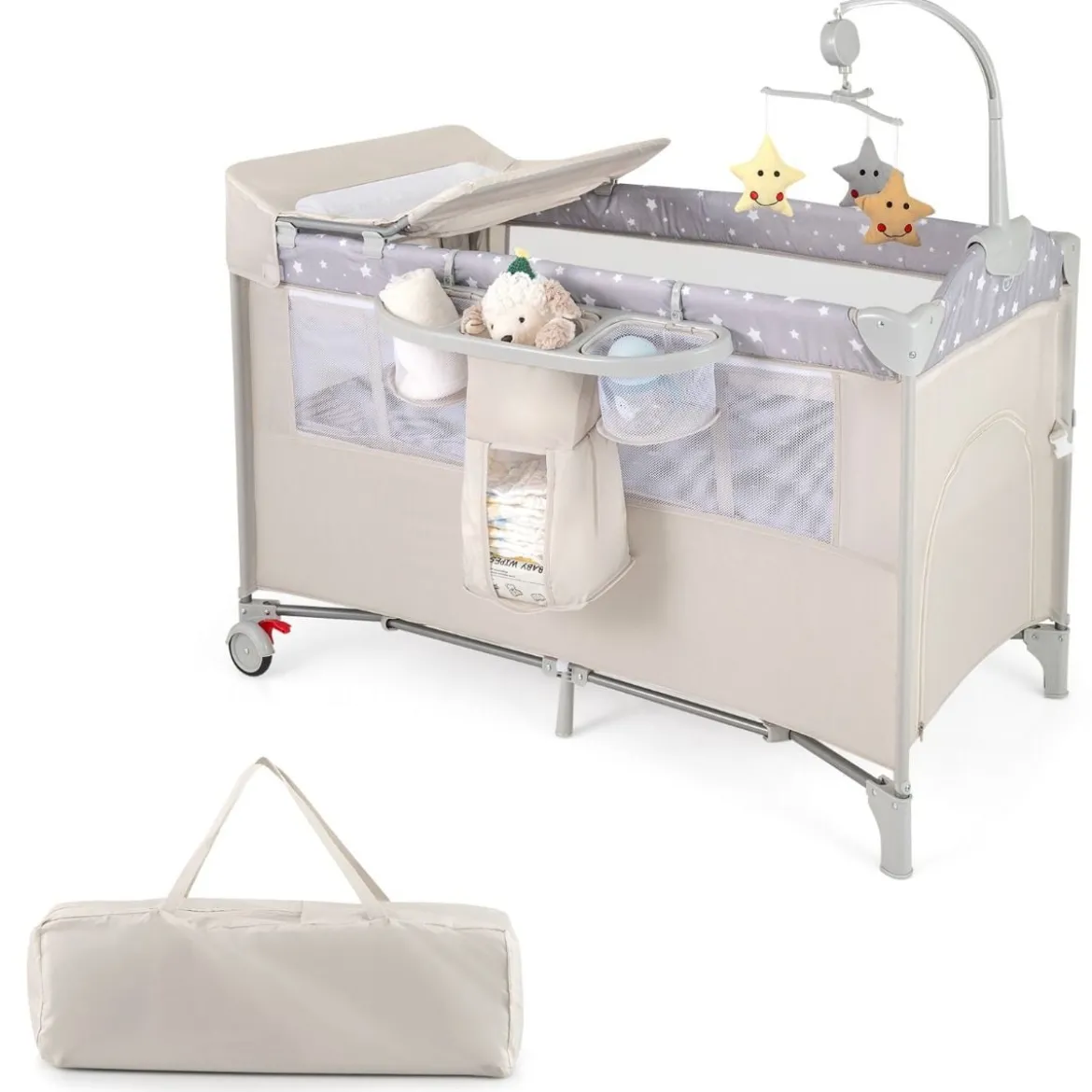 5 in 1 Beistellbett klappbar Reisebett mit Matratze 2 Ebene Babybett mit Rollen Beige/Grau/Braun