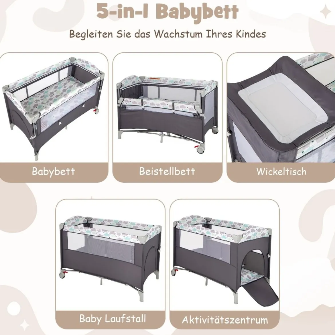 5 in 1 Beistellbett klappbar Reisebett mit Matratze 2 Ebene Babybett mit Rollen Beige/Grau/Braun